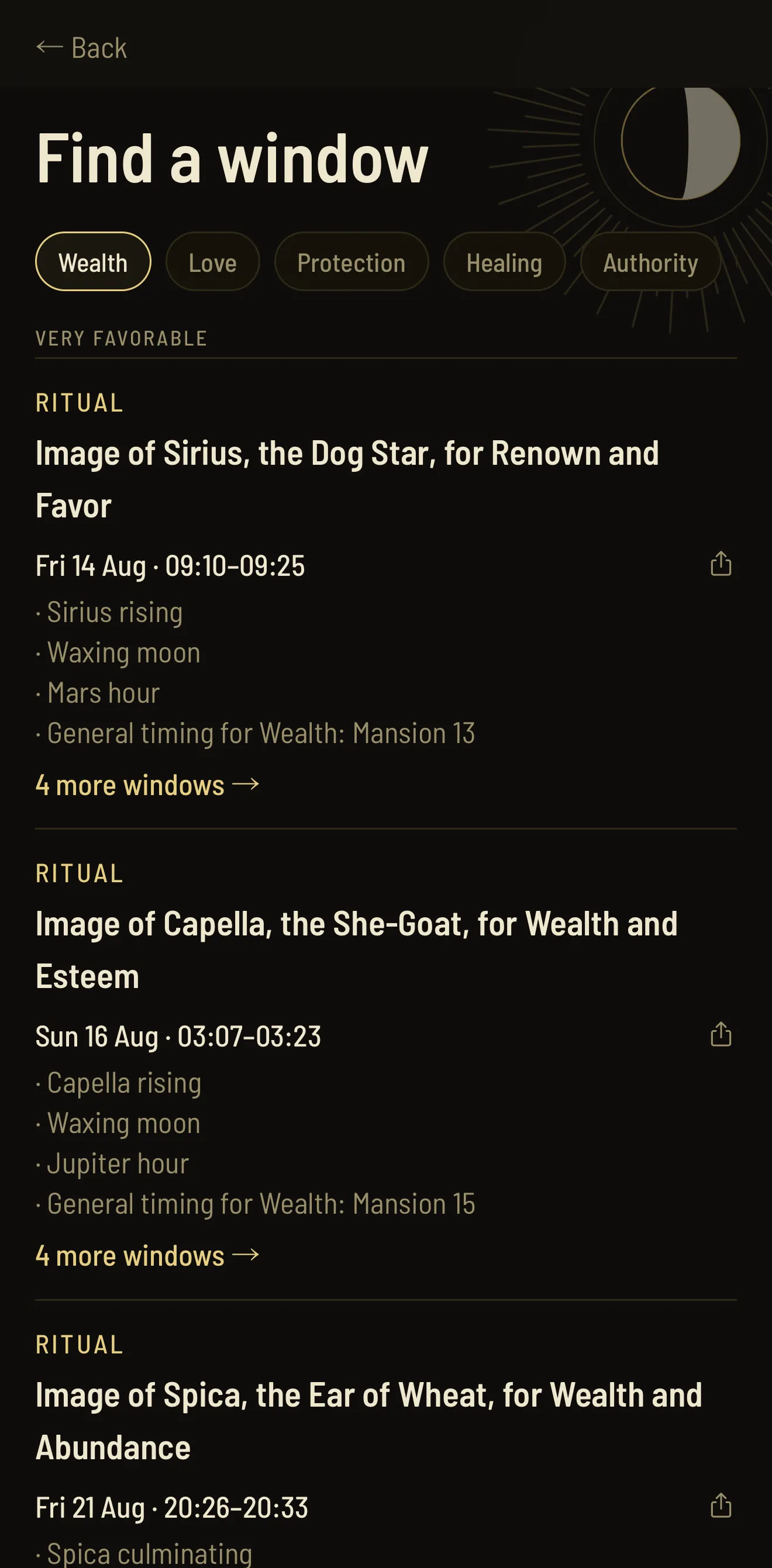 cecco finding a window: upcoming favorable times for wealth, each with the planetary reasons why