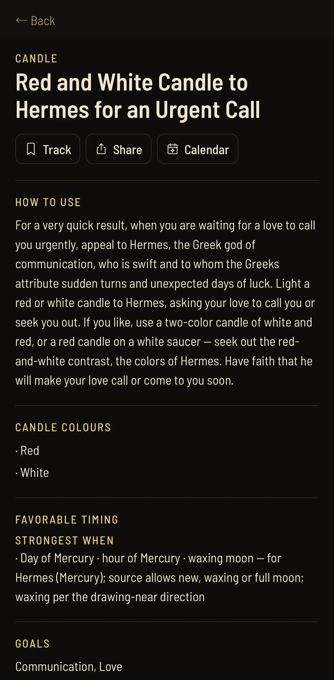 A working in cecco: Red and White Candle to Hermes for an Urgent Call, with Track, Share and Calendar buttons, how to use it, its candle colours, and the timing it is strongest in — the day and hour of Mercury, waxing moon